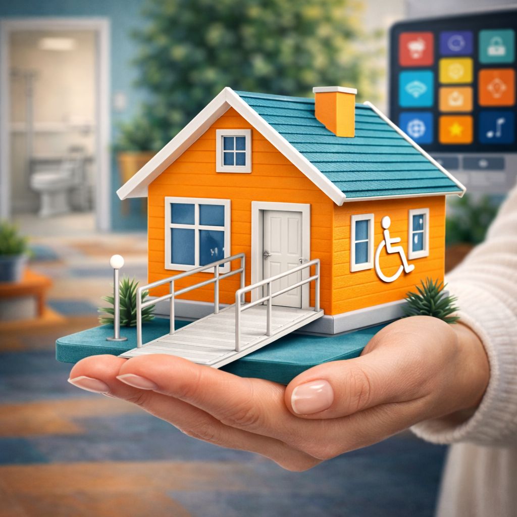 Casa modelo accesible con rampa de acceso sostenida en una mano